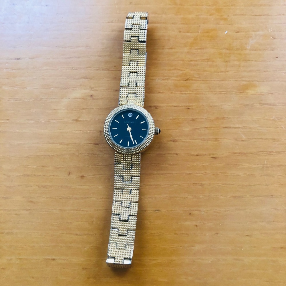 Gold Tone Link Bracelet Watch with Black Dial